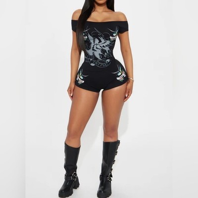 Ed Hardy Swallows Black Off Shoulder Top Sz M NWT Emo Gift Maximalism Sexy Y2K
