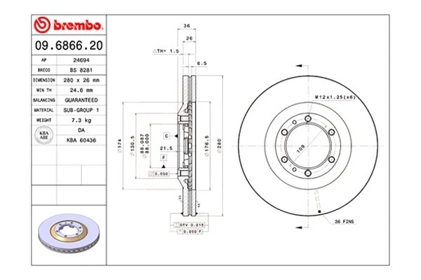 For Isuzu Rodeo 96-01 Brembo Replacement Plain Vented Front Brake Rotor Foto 2 de 4