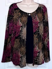 Notations Womens 2fer Twinset Size XL Black Floral Sparkle Stretch Long Sleeve