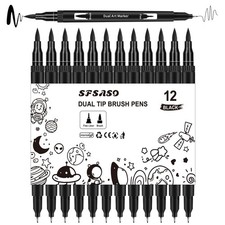 Black Drawing Pens, 12 Pack Dual Tip Brush Pens - Fine Liner  Brush Markers ...