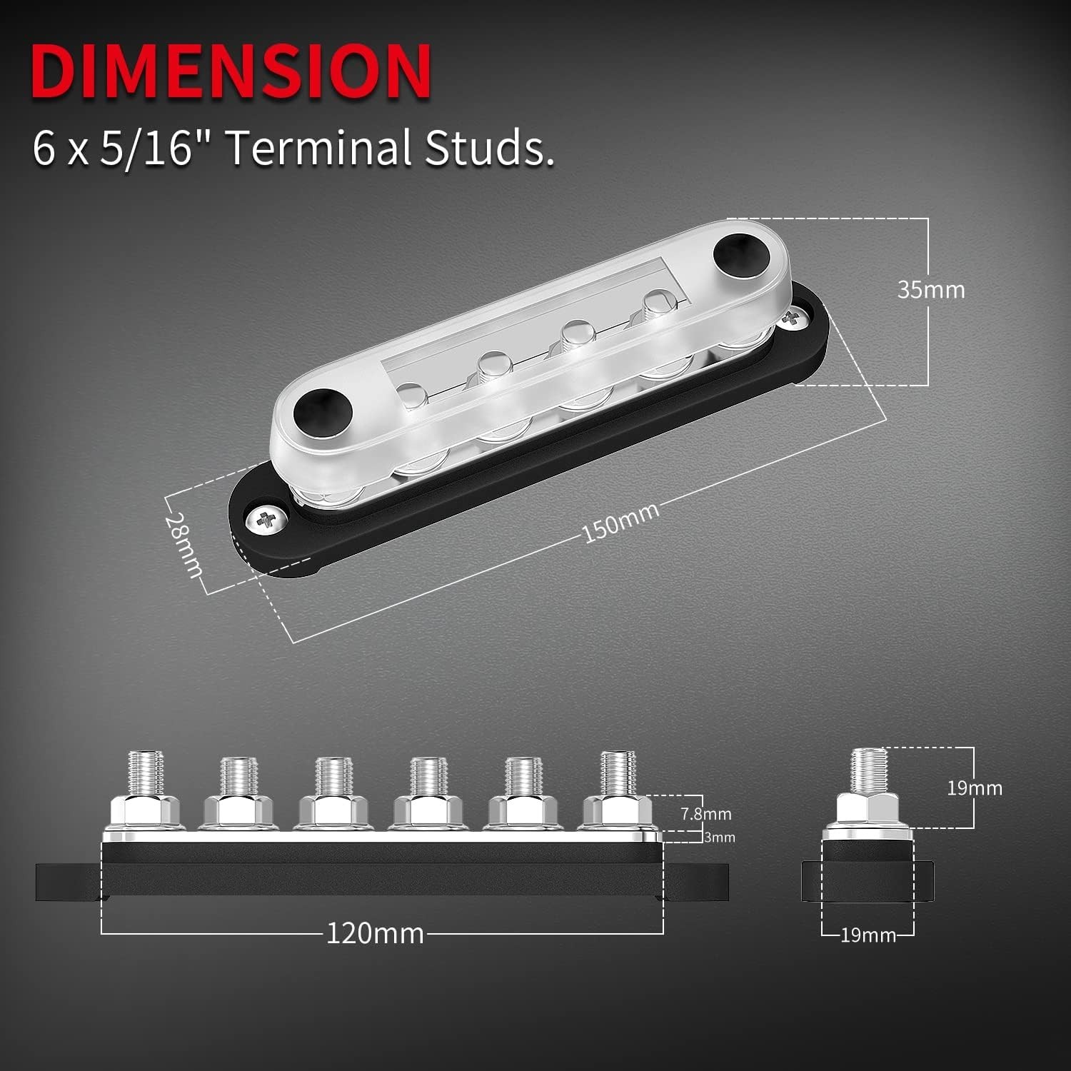 12V Bus Bar 6 X 5/16" (M8) Terminal Studs 12 Volt Power Distribution Block with