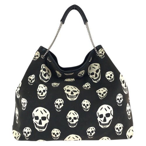 Alexander McQueen 240600 ChainShoulder Bag Black White SilverHardware canvas