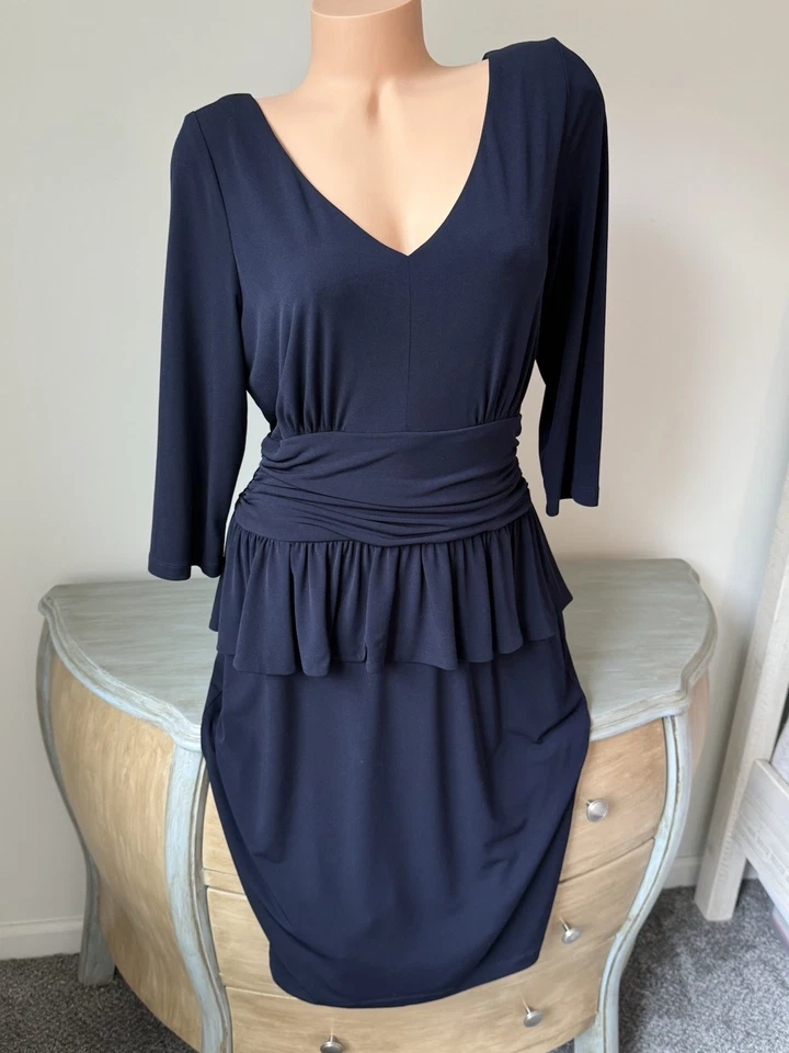 Jessica Howard Dress 16 Navy Blue Flounce XL V Neck Classic 3/4 Quiet Luxury - Image 2 of 4