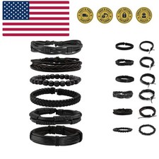 6 Pcs Punk Braided Leather Bracelets for Men Women Cuff Wrap Wristbands Adjus...