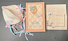 Vintage Hand Crochet Baby / Doll Bonnet with Pink / Blue Ribbon Lace