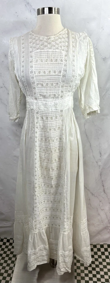 Antiguo Vestido Eduardiano Tea Lawn Vintage S Blanco Algodón Encaje Vestido Maxi Victoriano Foto 2 de 4
