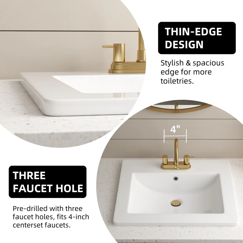 21"x18" White Drop-In Bathroom Sink Ceramic Rectangular 4" Centerset Faucet Hole - Image 4 of 4