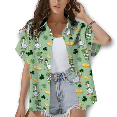 St Patricks Day Hawaiian Shirt Women Funny Goose Aloha Shirt Shamrock Irish Duck