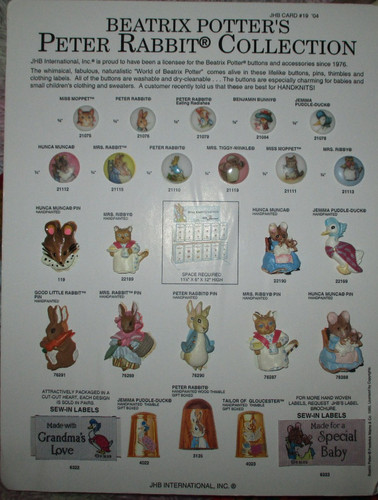 VINTAGE BEATRIX POTTER PETER RABBIT REALISTIC BUTTONS /PINS SALESMAN SAMPLE CARD