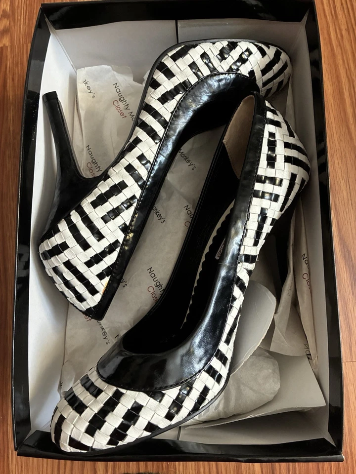 Naughty Monkey’s Closet JIGSAW Patent Black White Check High Heel Shoes Pump 7.5 - Image 2 of 4
