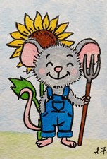 Whimsical Mouse Spring ATC CARD ACEO ORIGINAL HAND PAINTED Signed OOAK