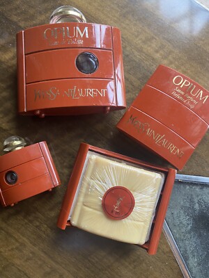 Vintage Yves Saint Laurent Opium Neu Seifen und Parfum Flakons Leer Lot 3