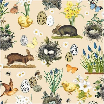 20 Servietten Ostern Easter Time cream Vintage Hase Küken Vögel beige 33x33cm