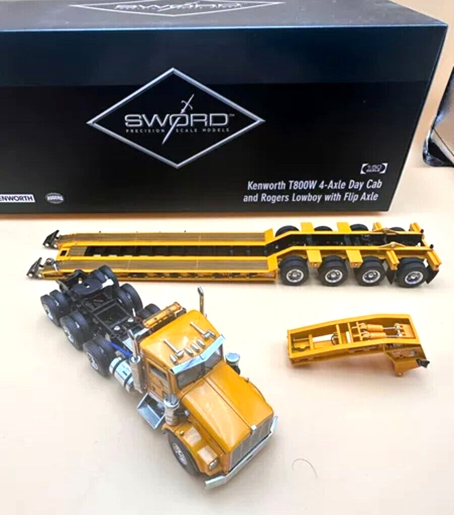 Sword 1:50 Kenworth T800W Rogers 4-Axle Flip Lowboy Yellow #SW3102