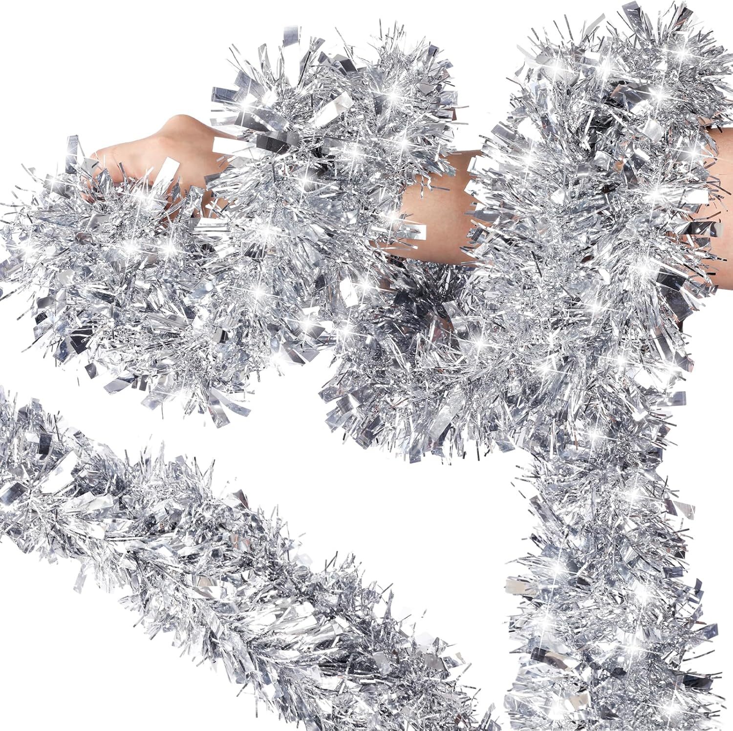 VESPRO 59 Feet Christmas Tinsel Garland Metallic Silver, Silver