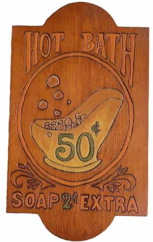 Vintage HOT BATH Carved Wood Wall Plaque Wall Hanging Sign 19" x 11" Signed Cute