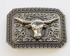 American Native Western Cowboy Silver Long Horn Bull Head Belt Buckle
