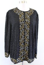 Vtg Night Vogue Black Gold Silver Silk Beaded Sequin Evening Party Jacket Size L