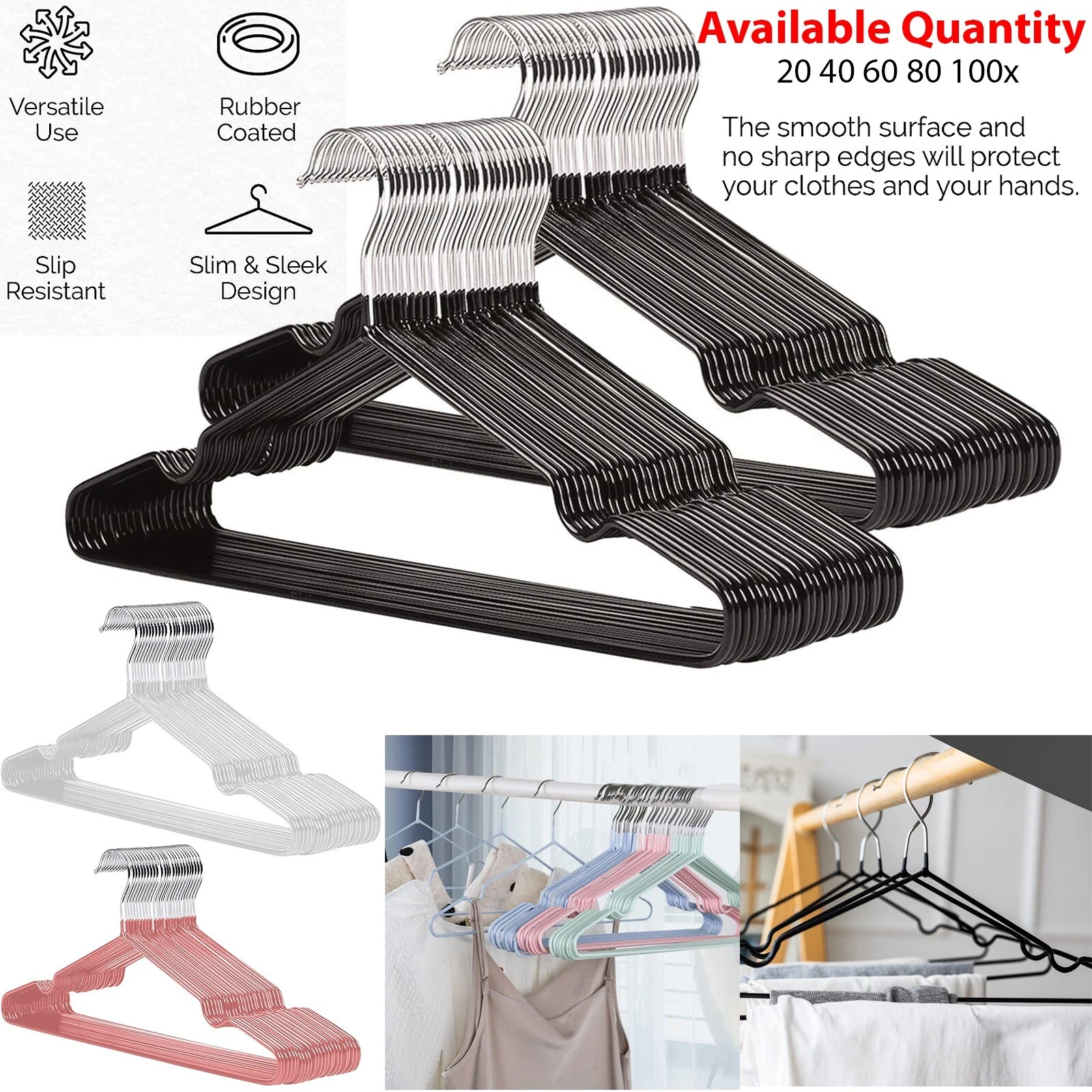 METAL COAT HANGERS RUBBER COATED CLOTHES GARMENT WARDROBE ORGANISER TROUSER BAR - Picture 1 of 17