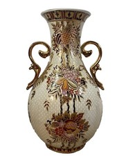 Vintage Large Chinese Porcelain Satsuma Style Vase Twin Handles Gilt Fruit 13.5"