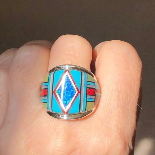 Large Turquoise Red Opal HOT Racing stripes Men's ring Italian 9.5 Silver T - Picture 3 of 12