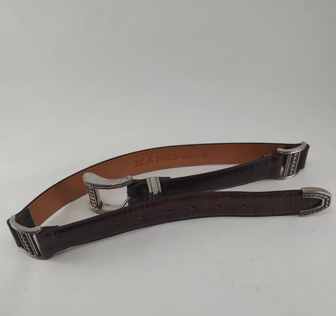 Vintage 1995 Onyx Brown Leather Belt Croc Embossed Silver  display picture 3