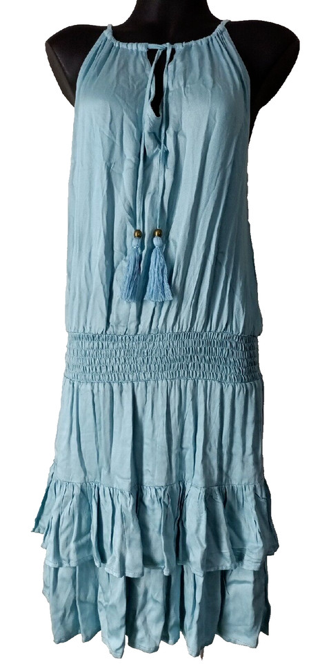 COCONINYA Blue Halter Mini Dress S M Boho Tiered Ruffle Beach Summer Festival