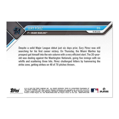 2023 Topps NOW 315 Eury Perez 1st MLB Win at Home - Free Shipping Always! - Picture 2 of 2