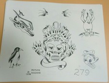 Vintage RARE -1978 Picture Machine Tattoo Flash Sheet 279 Skull Penguin Duck