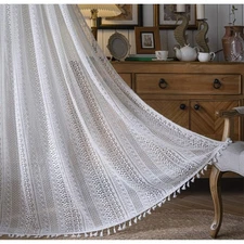 Vintage Style Bohemian Crochet Sheer Curtains Cream White Handmade Draperies