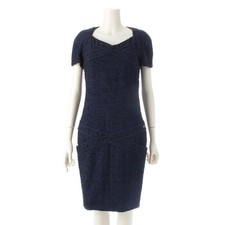 CHANEL Alpaca Wool Coco Mark Short Sleeve Tweed Dress P44360 Blue 36 Used