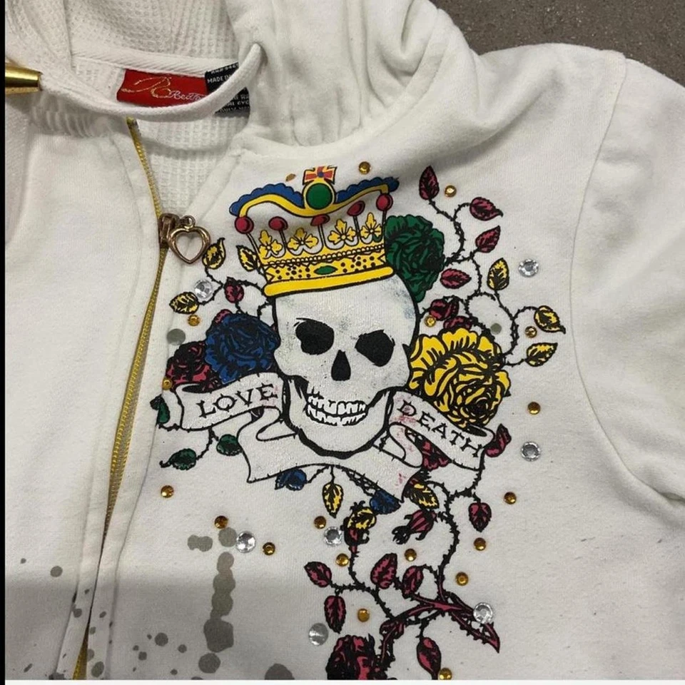Y2K белый красный Fox Ed Hardy стиль молнии толстовка с капюшоном череп толпа роза женщин размер большой - Изображение 2 из 4