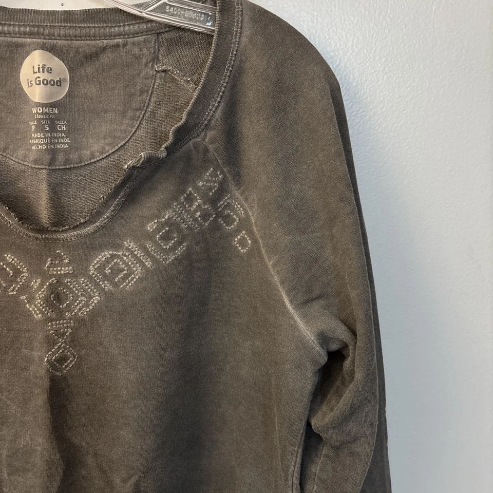LIFE IS GOOD Sudadera Bordada Gris Bordada Manga Larga Mujer’s Talla S Foto 3 de 4