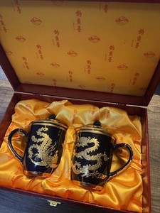 Chinese Tea Cups - Dragon And Phoenix, Royal Blue And Gold and red With Case