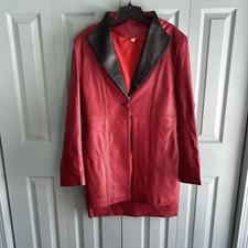 Vintage Womens Red Leather Midi Skirt Blazer Suit Set Medium