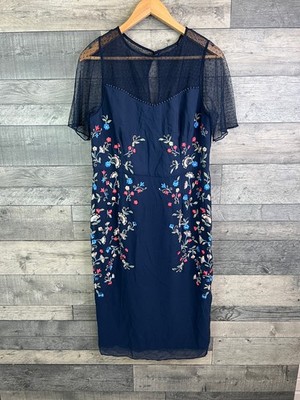 Monsoon Eva Midikleid Gr. UK 16 dunkelblau bestickt Blumen Etuikleid Mesh