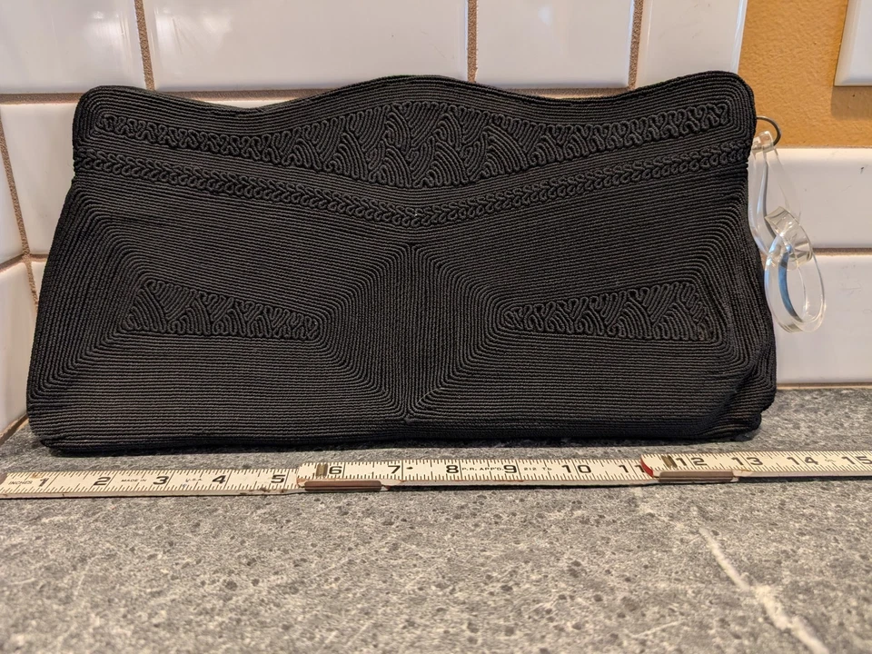 Bolso sin asas vintage años 40 50 negro Corde bolso de noche con asa Lucite Foto 4 de 4