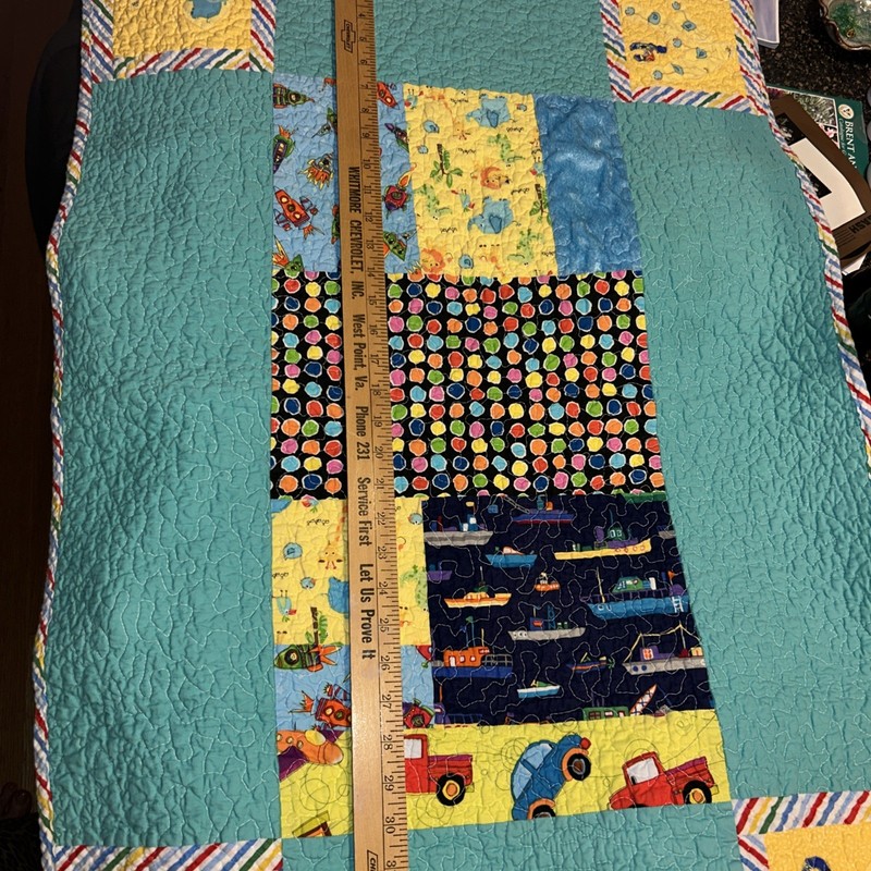 Handmade Patchwork Quilt Colorful 24” x 36”/ (Blues, Birds, Hippo, 🚀 & 🛻)