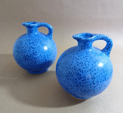 Pair Vtg. MCM Blue Speckled Ceramic Pottery Jugs Vases Japan MCM 1950s-60s Set