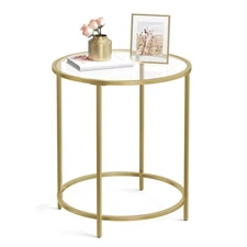 Round Side Table, Glass End Table with Metal Frame, Gold Coffee Table with Mo...