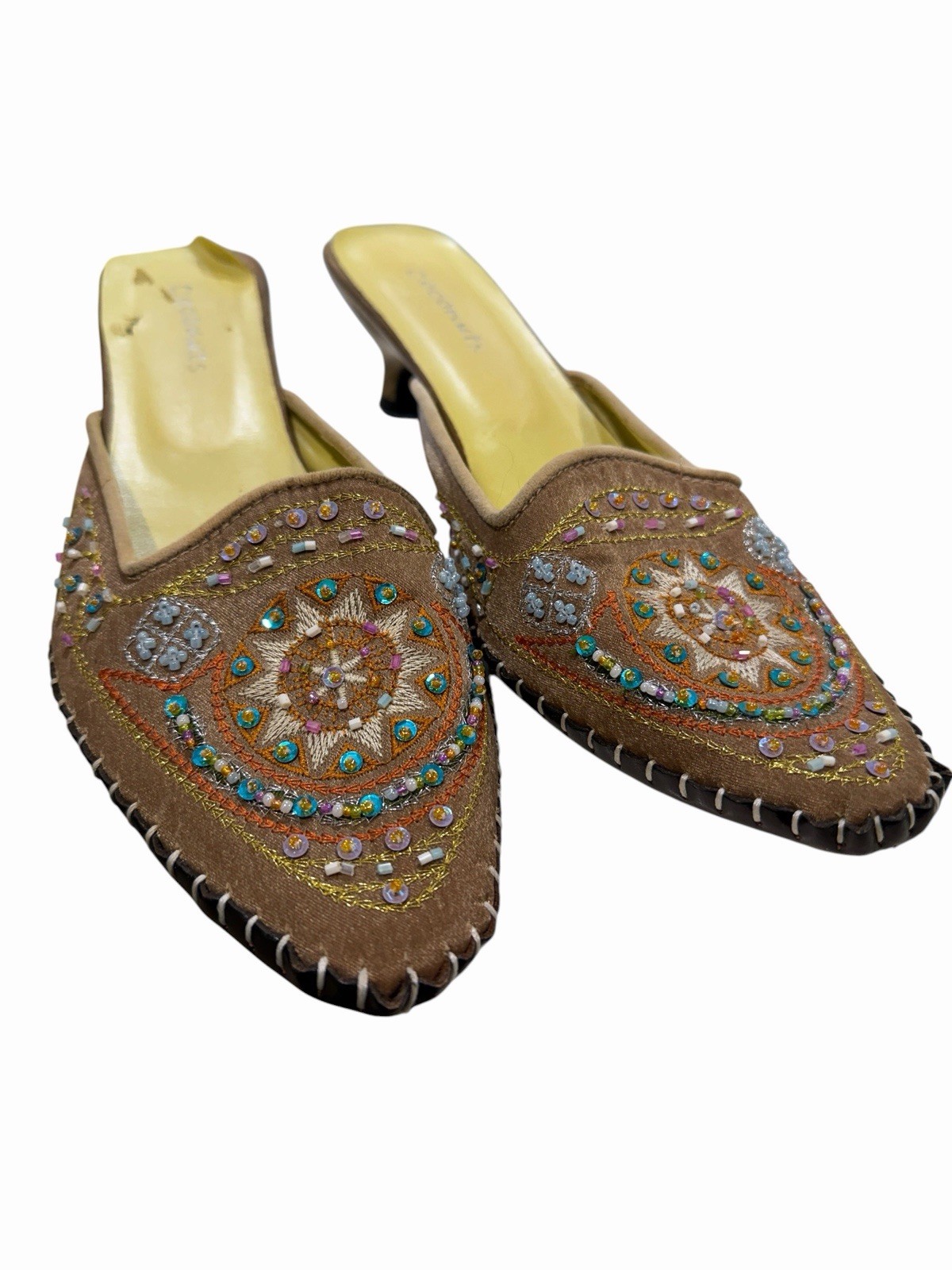Vintage Y2K Women’s 8 Gem Beaded Slipper Shoes Kitten Heel Genie Harem Mule Boho