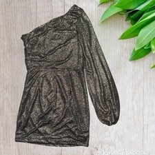 Lulus One Shoulder Dress Womens Small Black Gold Shimmery Stretchy Evening