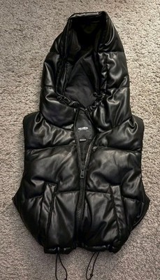 Women's Pull & Bear Leather Hooded Zip Up Vest. Size XS