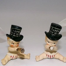 Vintage Ceramic Holt Howard New Year Baby Babies Black Top Hat Happy New Year