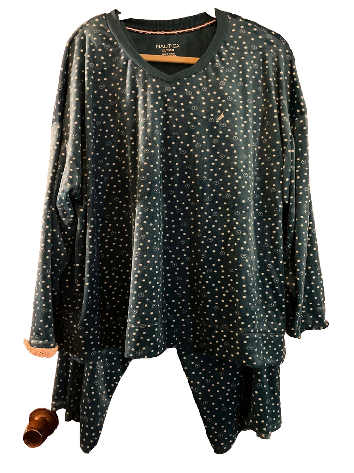 Juego de 2 piezas de pijama de terciopelo punteado blanco verde azulado para mujer Nautica bolsillos plus Foto 2 de 4