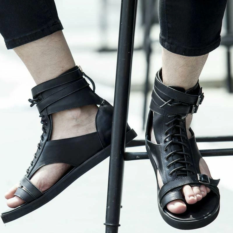 New Mens Gladiator Sandals High Top Leather Lace Up Roman Sandals Clip Toe Shoes