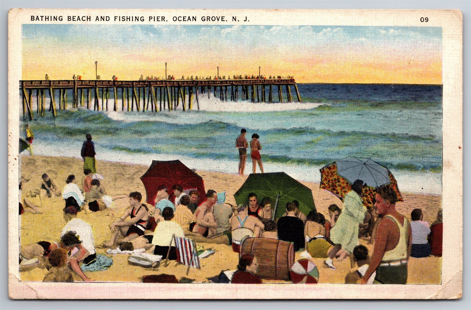 Vintage 1940 Ocean Grove NJ Beach Fishing Pier Surf Umbrellas Postcard