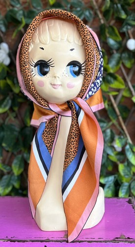 Head Scarf Animal Print Orange & Pink Silky Type Fabric Original Vintage VGC - Picture 4 of 9