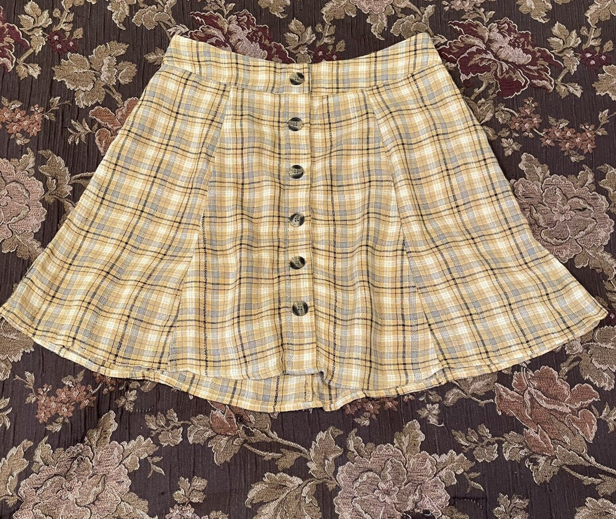 American Eagle Plaid Button Mini Skirt S Yellow Preppy Academia Grunge  Skater