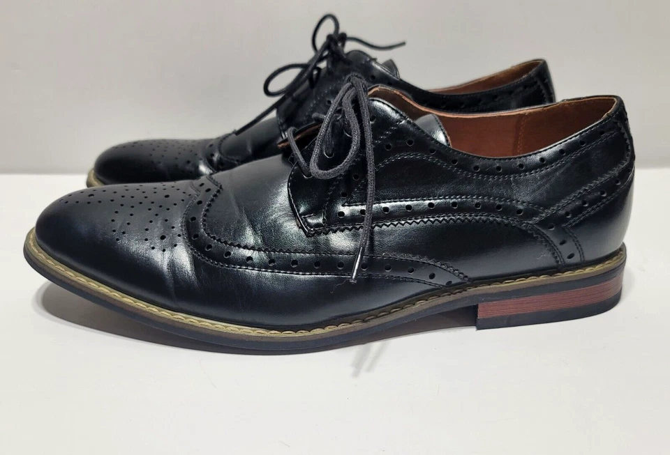 Bruno Marc New York Men's Sz 9.5 Black Leather Wingtip Oxford Prince Dress Shoes - Image 3 of 4